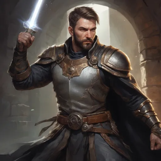 Prompt: (torso) Male stocky large fit battle-mage with short-cut hair and beard, engaged in combat casting a light spell inside of a dungeon, in movement, pathfinder, d&d setting, realistic, enhanced shadow quality, colorful