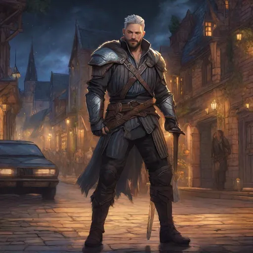 Prompt: (Full body) A male short-haired knight looks like older tom hardy with open shirt hairy chest and short beard grey-striped hair, glowing magic, fantasy weapon, leather shirt with details, manly, pathfinder, dungeons and dragons fantasy setting, night time in a town street, in a painted style, realistic