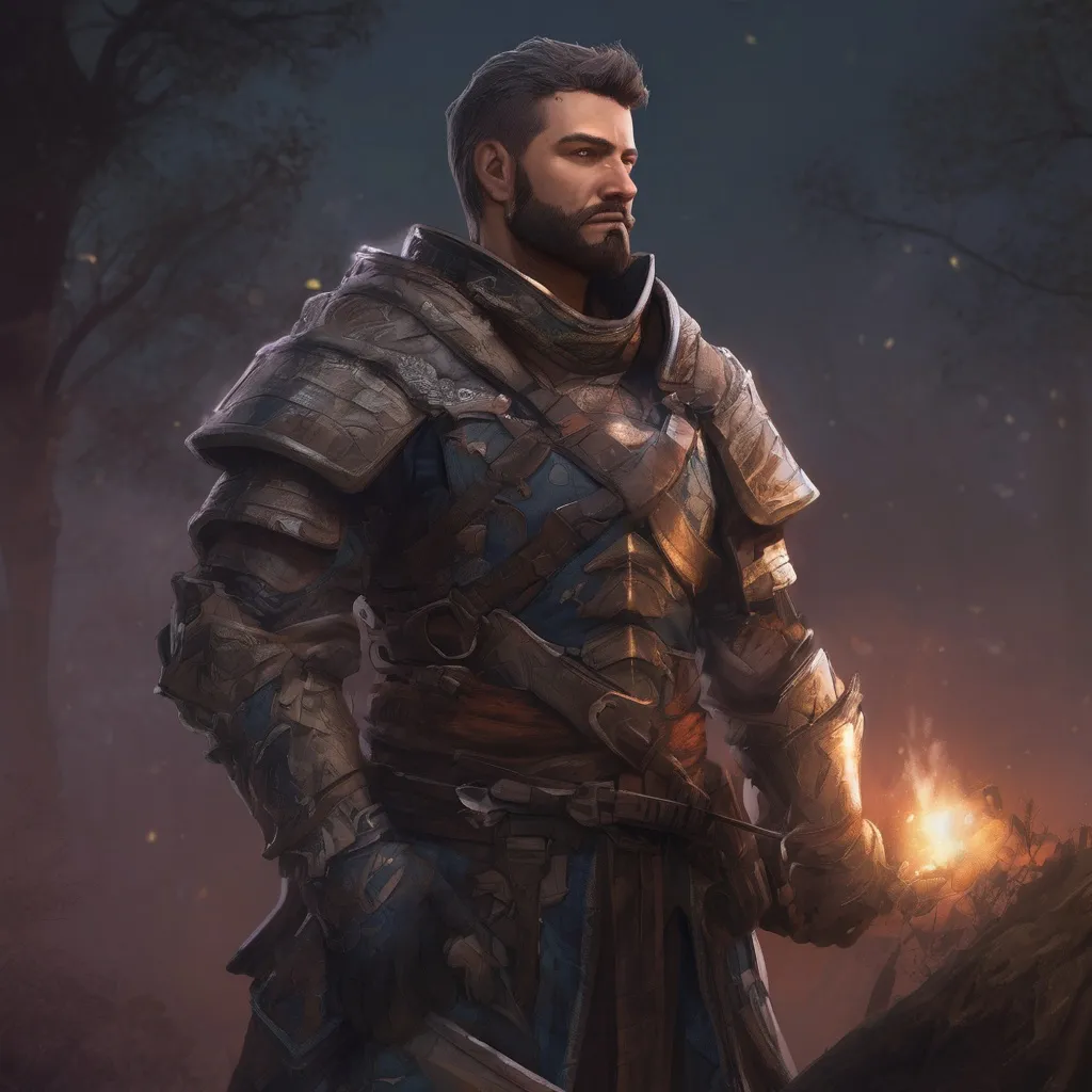 Prompt: (Full body) male stocky big-chested noble dragoon with striped short hair and beard, in nature at night, pathfinder, d&d setting, in a realistic digital art style