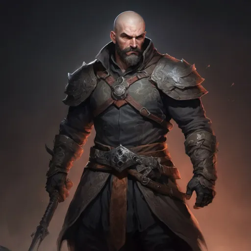 Prompt: Male stocky large mature fighter with short-cut hair and beard, exploring a dark dungeon fighter a shadow-monster, pathfinder, d&d setting, in a realistic high quality digital art style, enhanced shadow quality, colorful