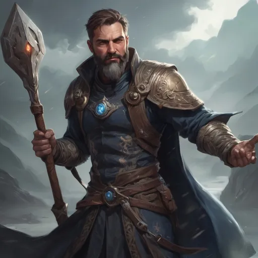 Prompt: (torso) Male stocky large fit 37-year old warlock with short-cut hair and beard, casting a magic-ray out of hands in a windy path, pathfinder, d&d setting, in a realistic high quality digital art style, enhanced shadow quality