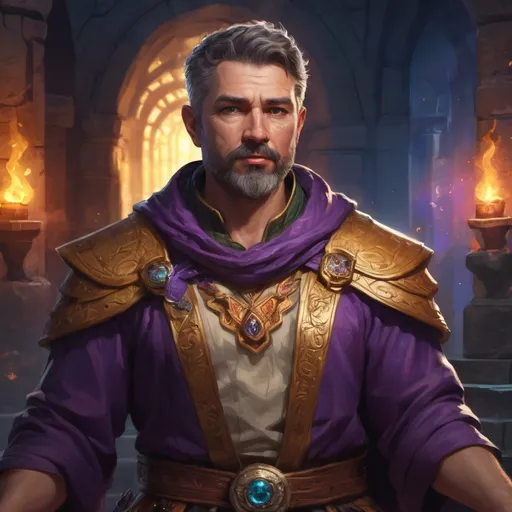 Prompt: (torso) Male stocky mature summoner with short-cut hair and beard, inside of a magical temple dungeon at night, colourful spell and magic, pathfinder, d&d setting, in a realistic high quality digital art style, enhanced shadow quality, wearing very colorful robes