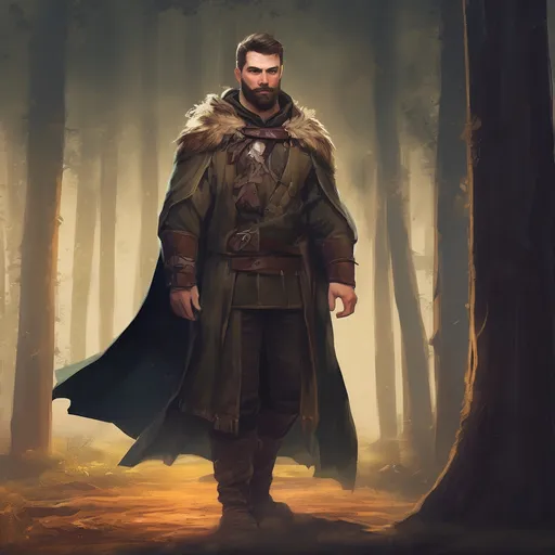 Prompt: (Full body) male stocky fighter with short-cut hair and beard, in nature in the dark, cloak, pathfinder, d&d setting, in a realistic digital art style