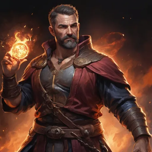 Prompt: (torso) Male stocky large muscular mature sorcerer with short-cut brown hair and beard, engaged in combat casting a magical spell inside of a dark dungeon, pathfinder, d&d setting, in a realistic high quality digital art style, enhanced shadow quality, wearing colorful robes