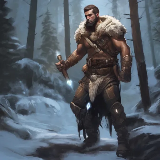 Prompt: (Full body) male handsome large muscular young arctic transmuter with short hair and beard, outside of a cave by a forest at night, pathfinder, d&d setting, in a realistic high quality digital art style