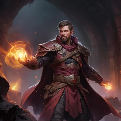 Prompt: Male stocky large battle-mage with short-cut hair and beard, engaged in combat casting a bright-maroon spell, inside of a dark cavernous dungeon, pathfinder, d&d setting, in a realistic high quality digital art style, enhanced shadow quality, colorful