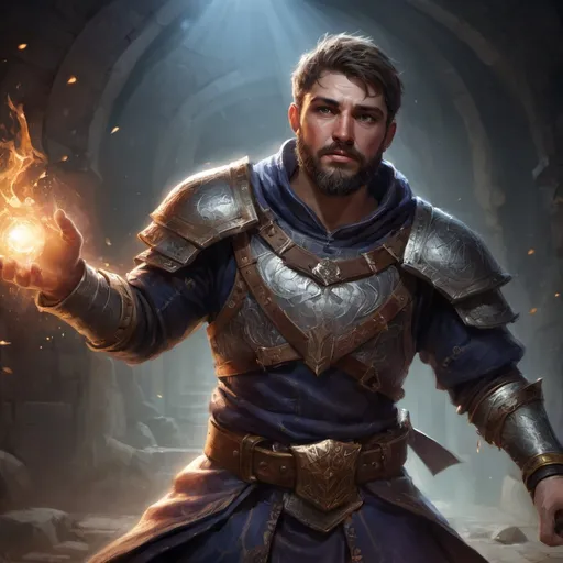 Prompt: Male stocky large battle-mage with short-cut hair and beard, wearing chainmail, engaged in combat casting a brightlight-spell inside of a dark dungeon, pathfinder, d&d setting, in a realistic high quality digital art style, enhanced shadow quality, colorful