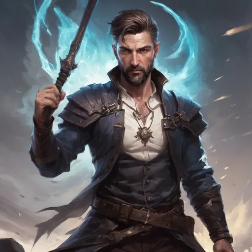Prompt: (torso) Male heavy-set mature fit magical alchemist with short-cut hair and beard, holding fantasy-weapon, in movement, in a windy battlefield, pathfinder, d&d setting, enhanced shadow quality