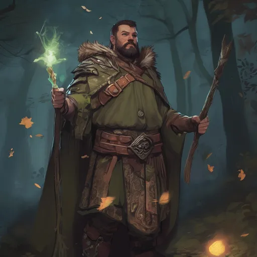 Prompt: (Full body) male stocky druid with short-cut hair and beard, holding magical tree staff, in a forest at night, leaf-shoulderguards, cloak, heavy belt, pathfinder, d&d setting, in a realistic digital art style