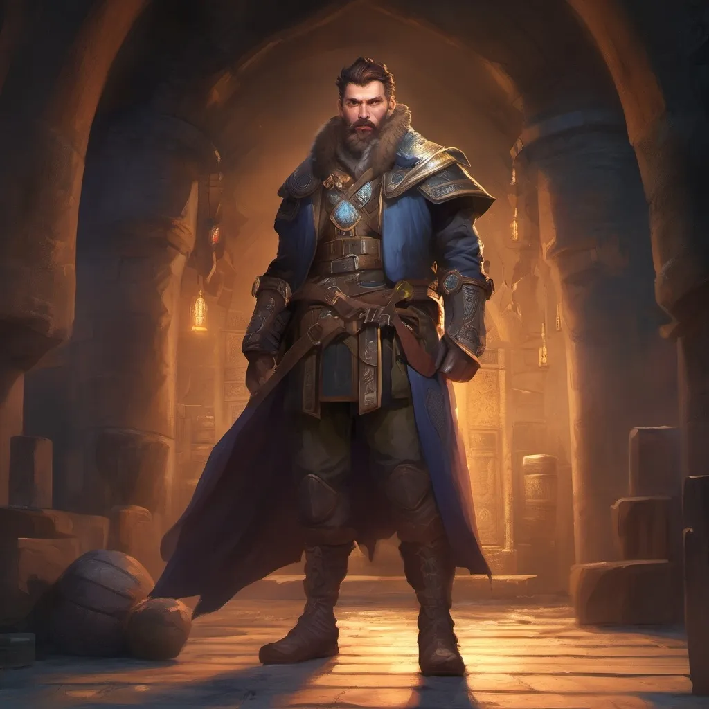 Prompt: (Full body) male stocky mage-hunter with short-cut hair and beard, in a dark magic temple dungeon, wearing big shoulderguards, pathfinder, d&d setting, in a realistic digital art style