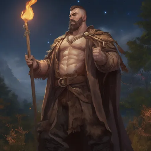 Prompt: (Full body) male stocky big-chested hairy-chested sorcerer with short hair and beard, no shirt on, casting a spell, in nature at night, pathfinder, d&d setting, in a realistic digital art style