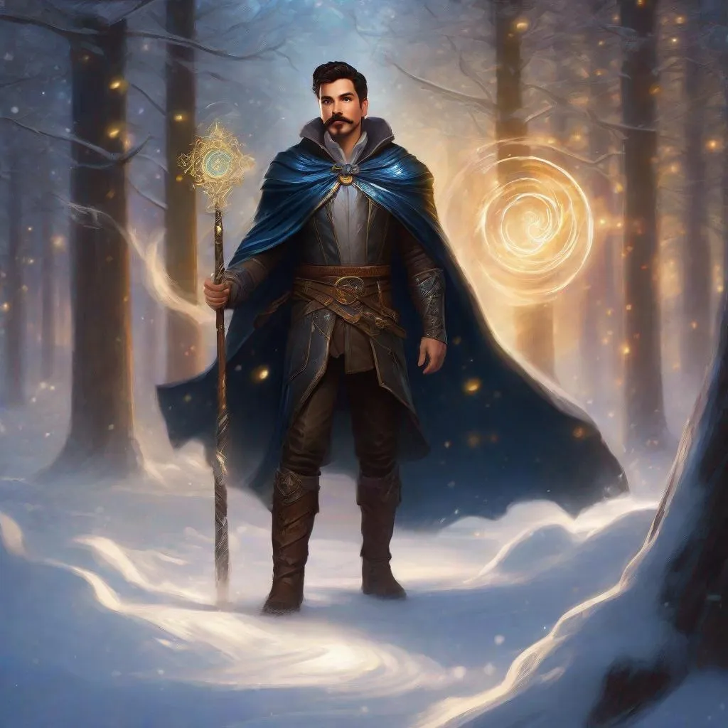 Prompt: (Full body) a male summoner with mustache and stubble short-cut dark hair, handsome manly face, belt, boots, leather pants, holding magical staff, swirly lights, standing outside of a snowy forest, fantasy setting, dungeons & dragons, in a painted style realistic art