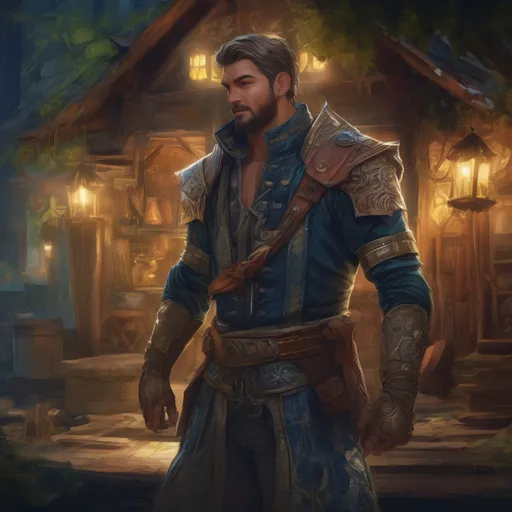 Prompt: (Full body) male handsome large muscular young magical artificer with short hair and beard, outside of a tavern by a forest at night, pathfinder, d&d setting, in a realistic high quality digital art style