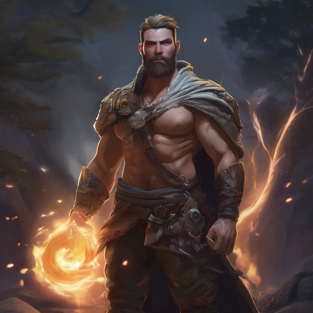 Prompt: (Full body) male stocky big-chested sorcerer with striped short hair and beard, no shirt on, hairy chest, casting swirly bright spell, in nature at night, pathfinder, d&d setting, in a realistic digital art style