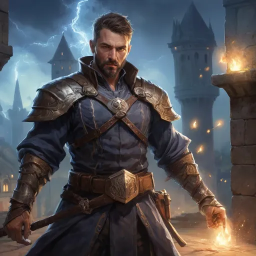 Prompt: Male stocky large mature fit battle-mage with short-cut hair and beard, engaged in combat casting a light spell in a castle courtyard at night, pathfinder, d&d setting, realistic, enhanced shadow quality
