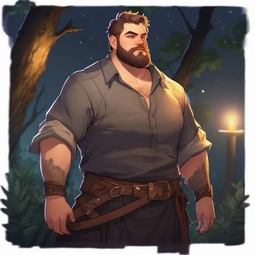 Prompt: (Full body) male stocky big-chested paladin with short hair and beard, thin open shirt on, in nature at night, pathfinder, d&d setting, in a realistic digital art style