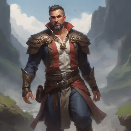 Prompt: (torso) Male heavy-set mature fit Summoner with short-cut hair and beard, casting magic out of hands, in a windy valley, pathfinder, d&d setting, enhanced shadow quality
