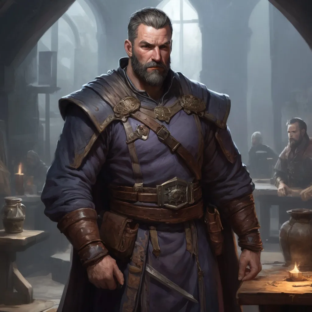 Prompt: Male stocky large muscular royal magus with short-cut hair and beard, exploring a dark tavern room, pathfinder, d&d setting, realistic, enhanced shadow quality