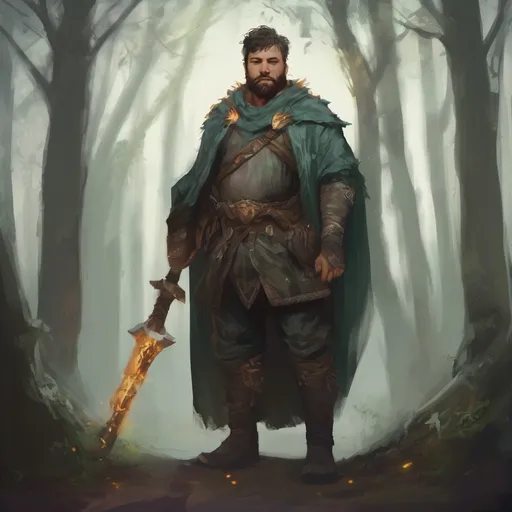 Prompt: (Full body) male stocky druid with short-cut hair and beard, holding magical tree staff, in a forest at night, leaf-shoulderguards, cloak, heavy belt, pathfinder, d&d setting, in a realistic digital art style