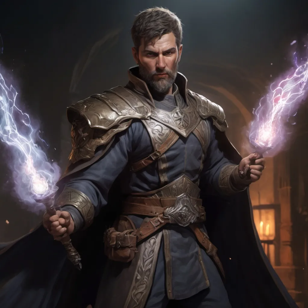 Prompt: Male stocky large mature fit battle-mage with short-cut hair and beard, engaged in combat casting a light-spell in a dark room, pathfinder, d&d setting, realistic, enhanced shadow quality