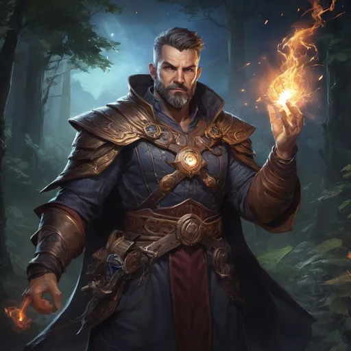 Prompt: Male stocky large mature muscular sorcerer with short-cut hair and beard, in combat casting a magic-ray out of hands in nature at night, pathfinder, d&d setting, in a realistic high quality digital art style, enhanced shadow quality, colorful
