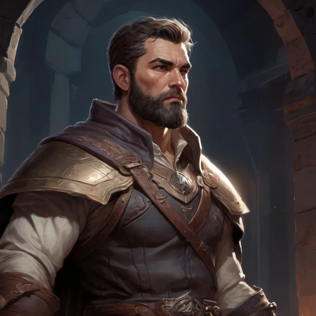 Prompt: Male stocky large mature Palastinian fighter with short-cut hair and beard, exploring a dark astral magical dungeon in combat, pathfinder, d&d setting, in a realistic high quality digital art style, enhanced shadow quality, colorful