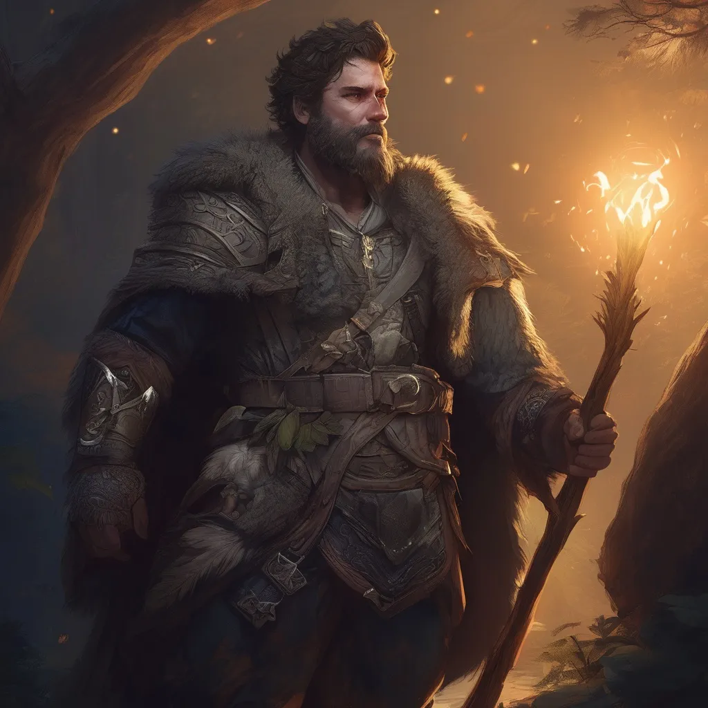 Prompt: (Full body) male stocky druid with hairy chest and short hair and beard, in nature at night, pathfinder, d&d setting, in a realistic digital art style