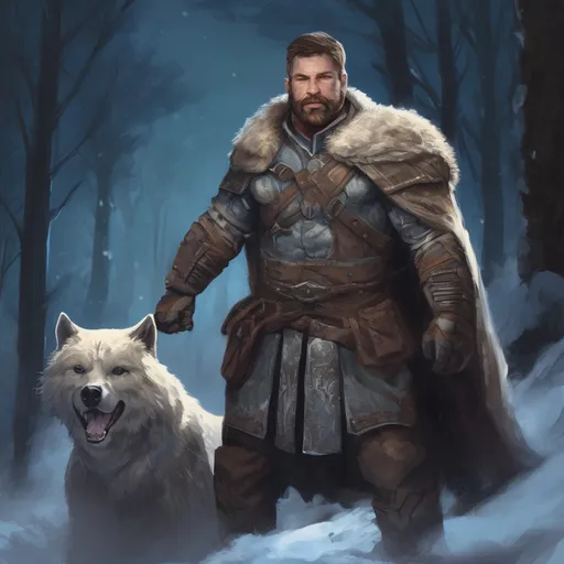 Prompt: (Full body) male handsome large muscular arctic hunter with short hair and beard, outside of a cave by a forest at night, pathfinder, d&d setting, in a realistic high quality digital art style