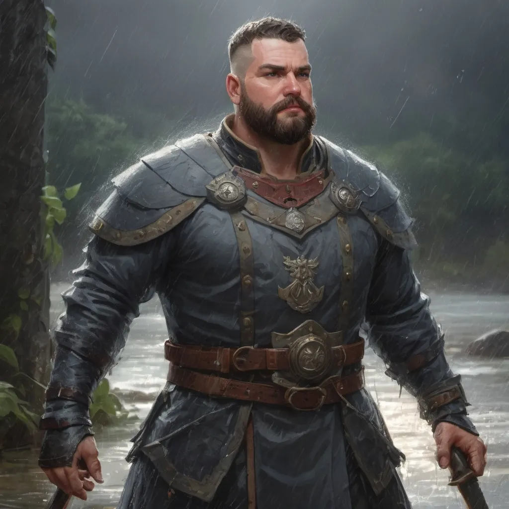 Prompt: Male stocky heavy-set fat noble guard with short-cut hair and beard, open shirt, in nature in a heavy rainstorm, pathfinder, d&d setting, in a realistic high quality digital art style, enhanced shadow quality, colorful