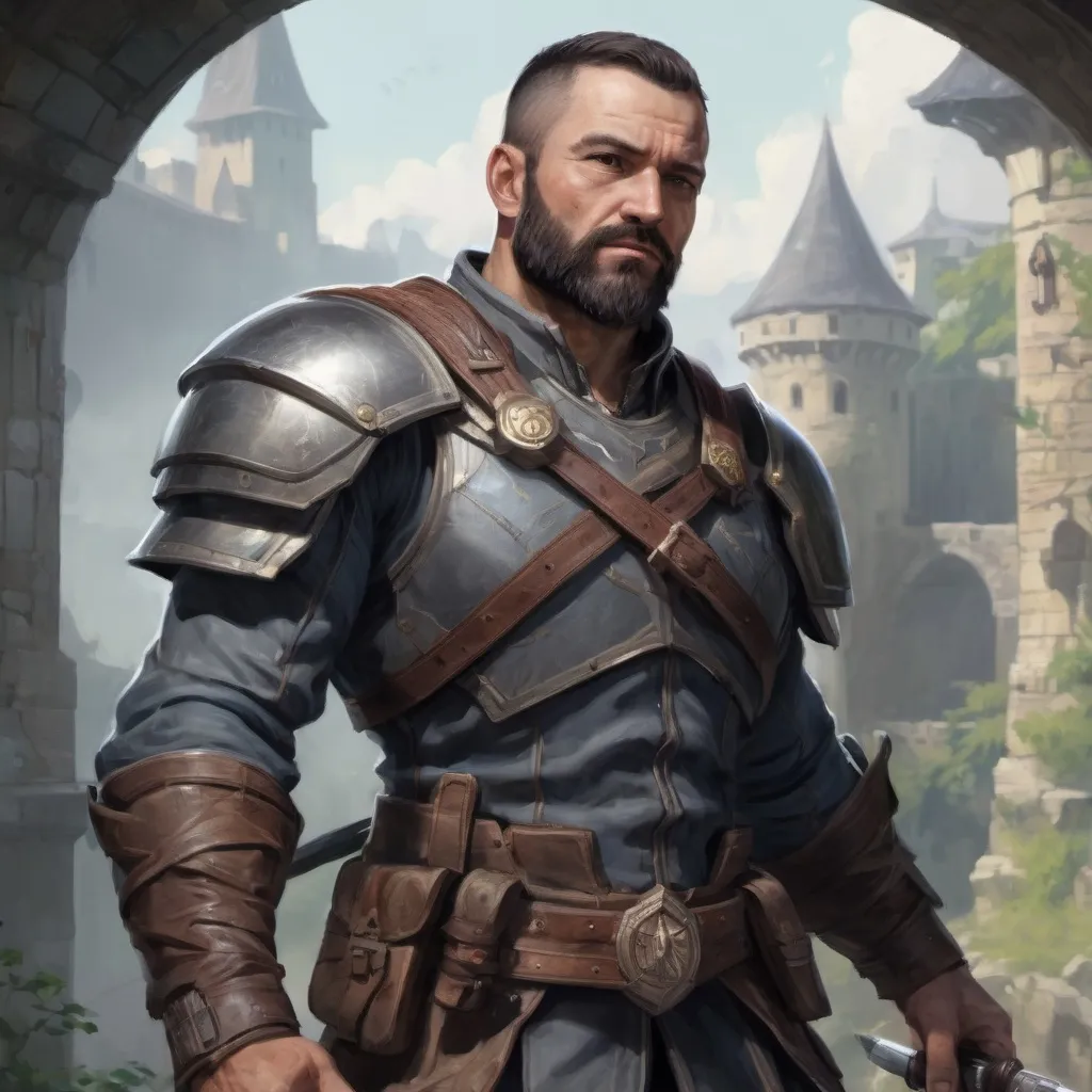 Prompt: (torso) Male heavy-set 38-year old fit ranger with short-cut hair and beard, swinging a magical weapon in combat, in movement, in arena in a castle, pathfinder, d&d setting, enhanced shadow quality