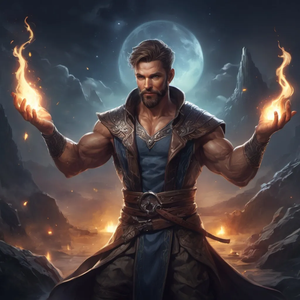 Prompt: A male muscular manly Oracle with short hair and beard, casting magic spell, in a nature at night, pathfinder, d&d setting, in a realistic high quality digital art style