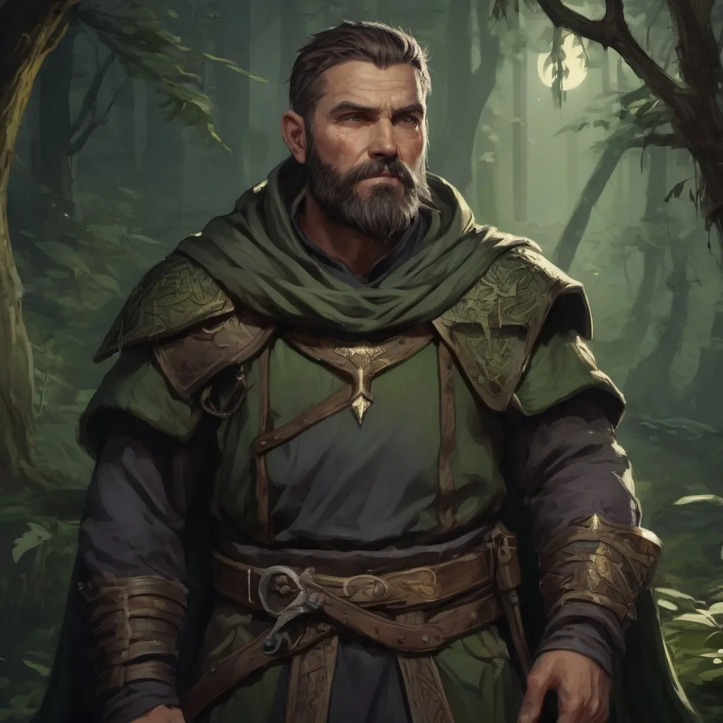 Prompt: Male stocky heavy-set mature fantasy-druid with short-cut hair and beard, outside of fantasy forest at night, pathfinder, d&d setting, in a realistic high quality digital art style, enhanced shadow quality