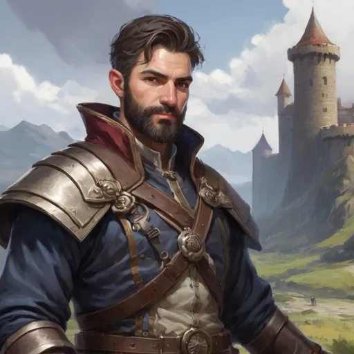 Prompt: Male heavy-set mature fit Alchemist with short-cut hair and beard, in a windy castleground, pathfinder, d&d setting, enhanced shadow quality