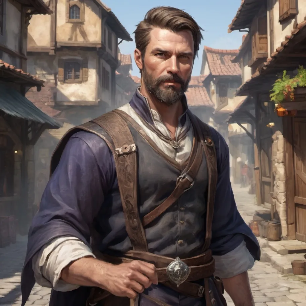 Prompt: (Torso and head) Male stocky fit 39-year old mage with short-cut hair and beard, big pectorals holding a magic staff in movement, in a fantasy town-street, pathfinder, d&d setting, realistic, enhanced shadow quality, colorful