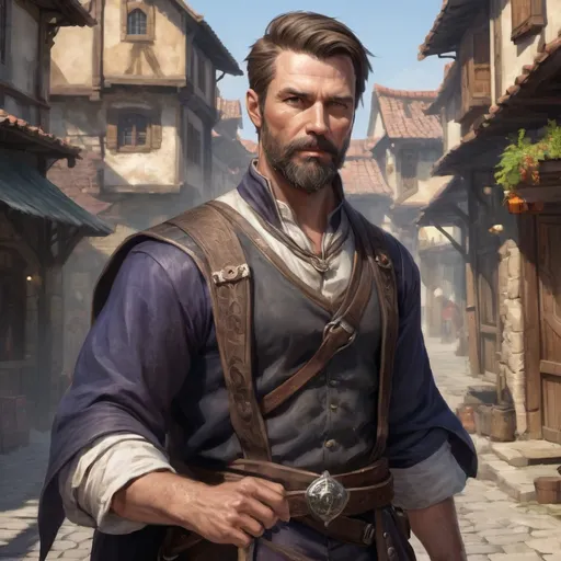 Prompt: (Torso and head) Male stocky fit 39-year old mage with short-cut hair and beard, big pectorals holding a magic staff in movement, in a fantasy town-street, pathfinder, d&d setting, realistic, enhanced shadow quality, colorful
