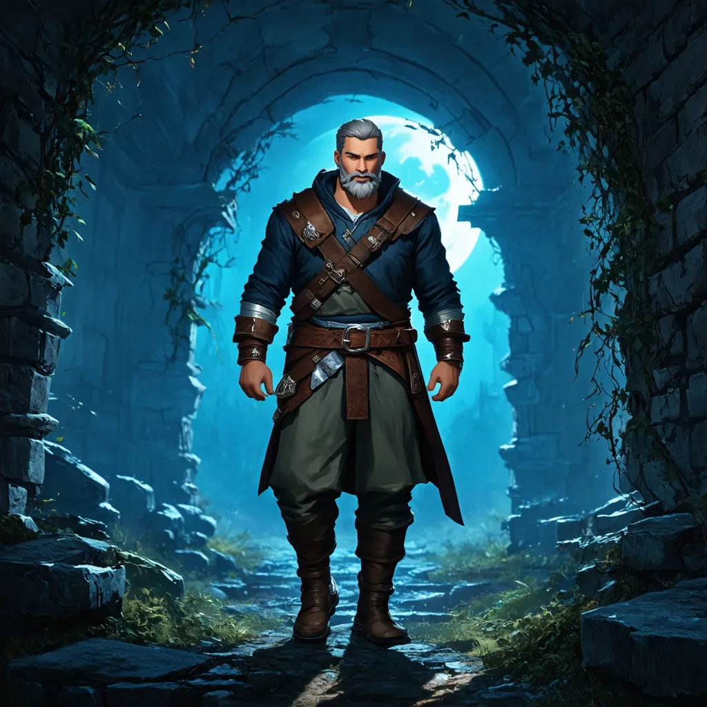 Prompt: (Full body) male artificer with grey short hair and beard, belt and pants, exploring ruins at night, pathfinder, d&d setting, in a digital art style