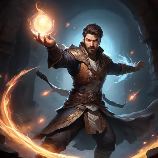 Prompt: Male stocky large battle-mage with short-cut hair and beard, engaged in combat casting a white-light spell inside of a dark dungeon, pathfinder, d&d setting, in a realistic high quality digital art style, enhanced shadow quality, colorful