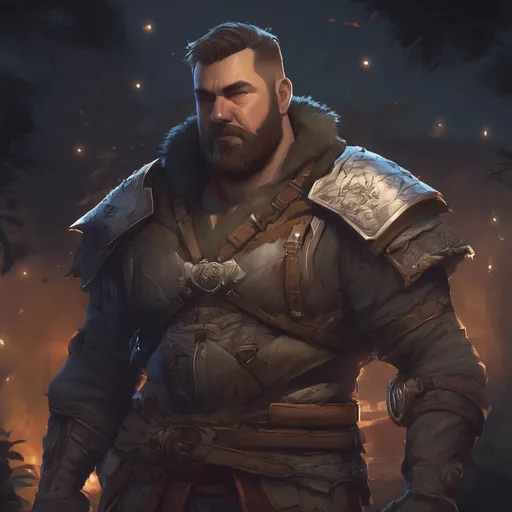 Prompt: (Full body) male stocky large warrior with short hair and beard, big belly, in nature at night, pathfinder, d&d setting, in a realistic digital art style