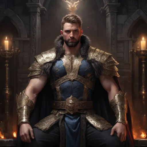 Prompt: (Full body) male stocky masculine manly hunky royal king with short hair and beard, hairy chest, in a dark throne room, pathfinder, d&d setting, in a realistic high quality digital art style