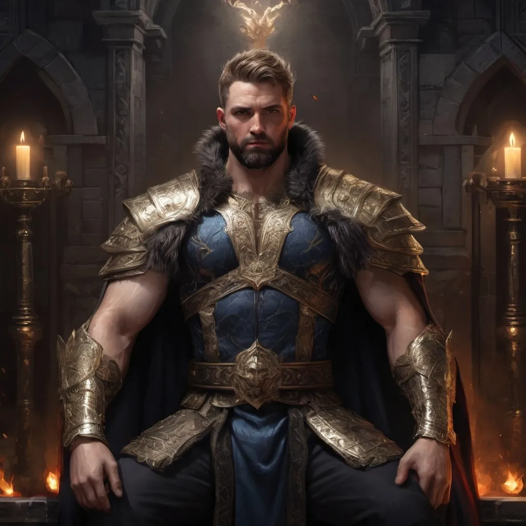 Prompt: (Full body) male stocky masculine manly hunky royal king with short hair and beard, hairy chest, in a dark throne room, pathfinder, d&d setting, in a realistic high quality digital art style