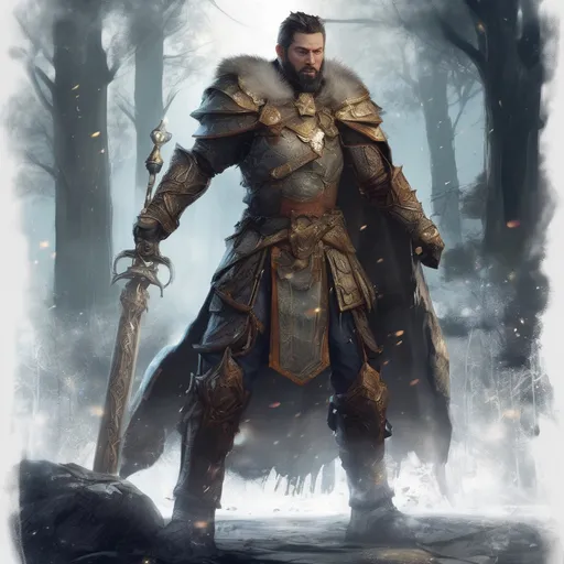 Prompt: (Full body) male handsome large muscular magical cleric with short hair and beard, outside of a cave by a forest at night, pathfinder, d&d setting, in a realistic high quality digital art style