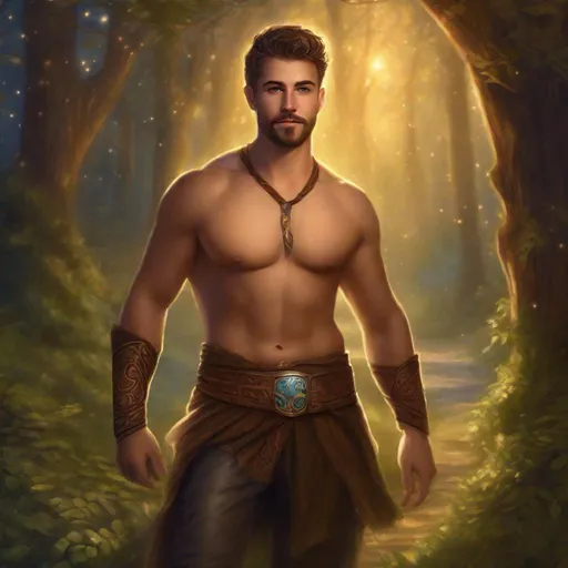 Prompt: (Full body) A male druid no shirt with short cut hair with stubble manly face, pathfinger, magic swirl, holding magic , dungeons and dragons, brown boots, fantasy setting, standing in a forest glade at night, in a painted style realistic art