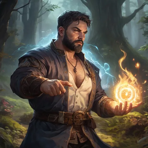 Prompt: Male stocky large fat cleric with short-cut hair and beard, open shirt hairy chest, in combat casting a magic-ray out of hands in nature at night, pathfinder, d&d setting, in a realistic high quality digital art style, enhanced shadow quality, colorful