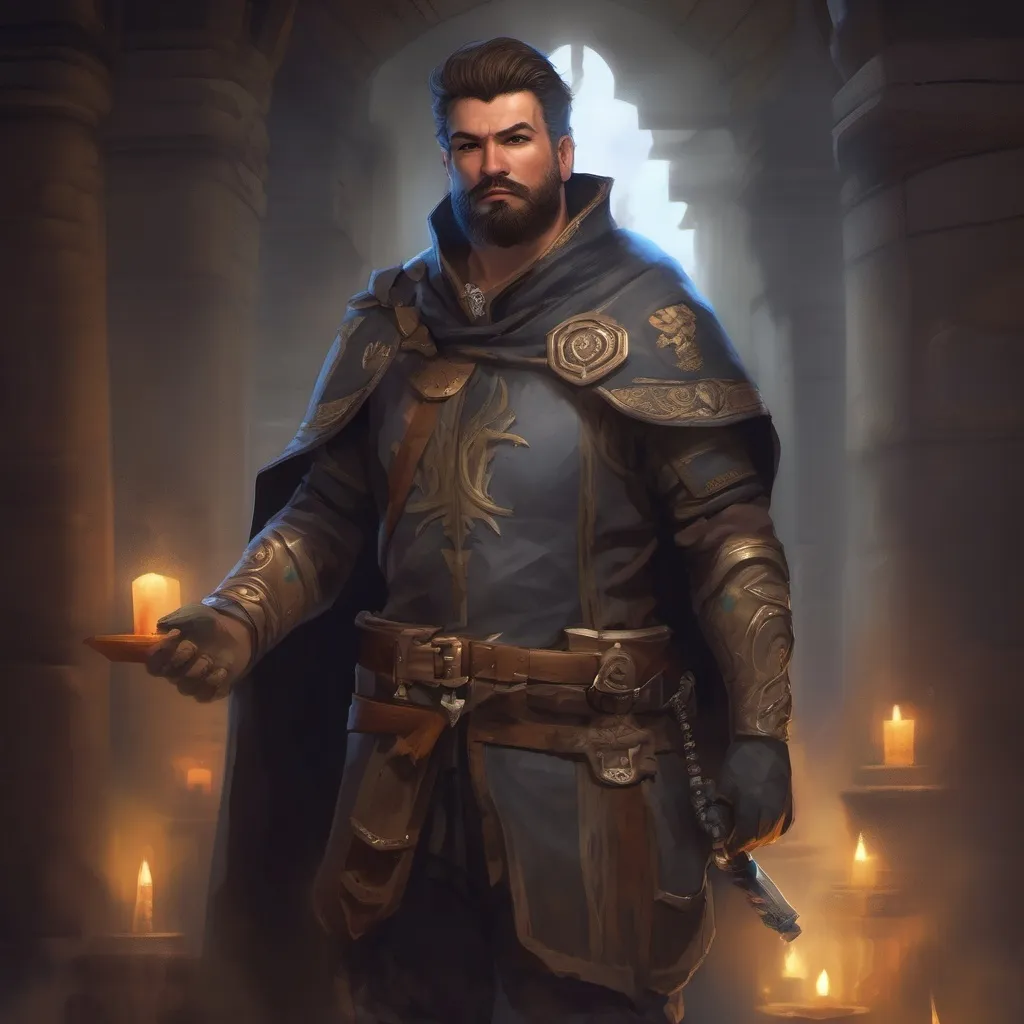 Prompt: (Full body) male stocky mage-hunter with short-cut hair and beard, in a dark magic temple dungeon, wearing big shoulderguards, pathfinder, d&d setting, in a realistic digital art style