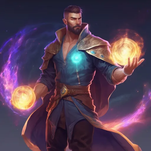 Prompt: (Full body) male magical muscular summoner with short hair and beard, in an astral plane, pathfinder, d&d setting, in a realistic digital art style