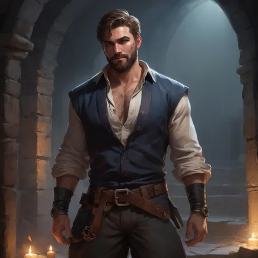 Prompt: Male stocky heavy-built spy with short-cut hair and beard, open shirt hairy chest, inside a temple dungeon at night, pathfinder, d&d setting, in a realistic high quality digital art style, enhanced shadow quality