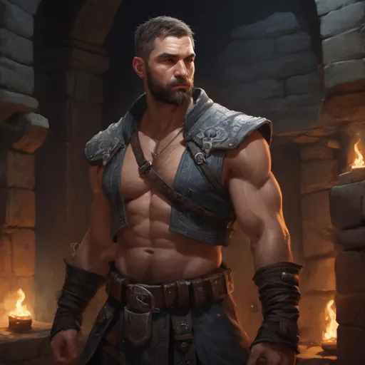 Prompt: Male stocky heavy-built warrior with short-cut hair and beard, hairy chest, pecs and belly, inside a temple dungeon at night, pathfinder, d&d setting, in a realistic high quality digital art style, enhanced shadow quality