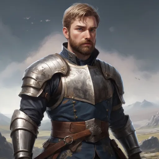 Prompt: Male stocky heavy-set norwegian royal knight with short-cut hair and beard, on a windy battlefield, pathfinder, d&d setting, in a realistic high quality digital art style, enhanced shadow quality