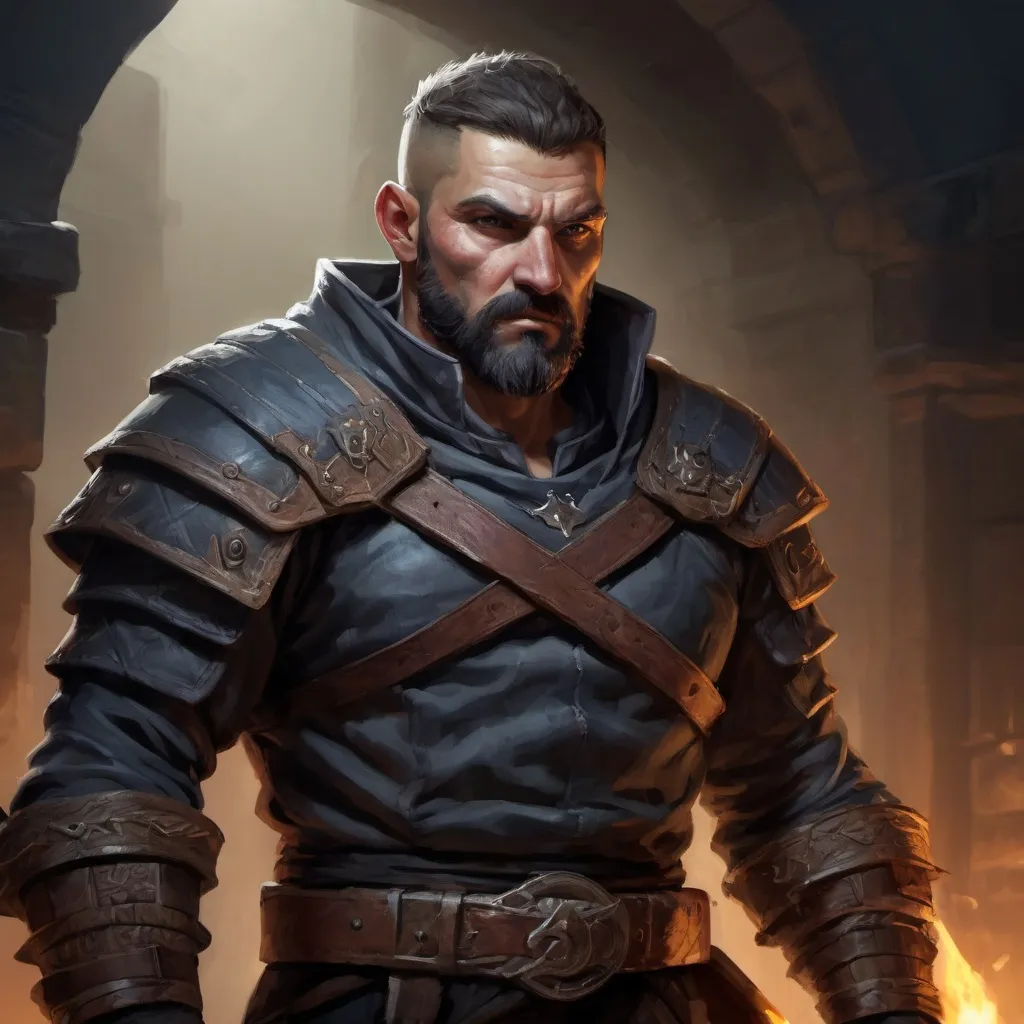 Prompt: Male stocky large mature albanian fighter with short-cut hair and beard, exploring a dark dungeon, pathfinder, d&d setting, in a realistic high quality digital art style, enhanced shadow quality, colorful