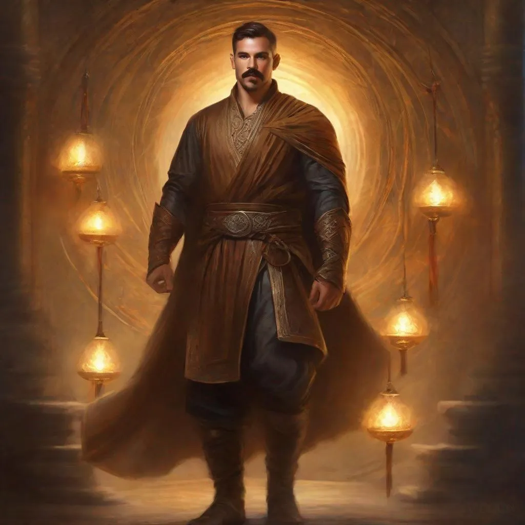 Prompt: (Full body) a male martial monk with mustache and stubble short hair, handsome manly face, belt, boots, bare hairy chest, holding swirly lights, standing in a otherwordly dimention, fantasy setting, dungeons & dragons, in a painted style realistic art